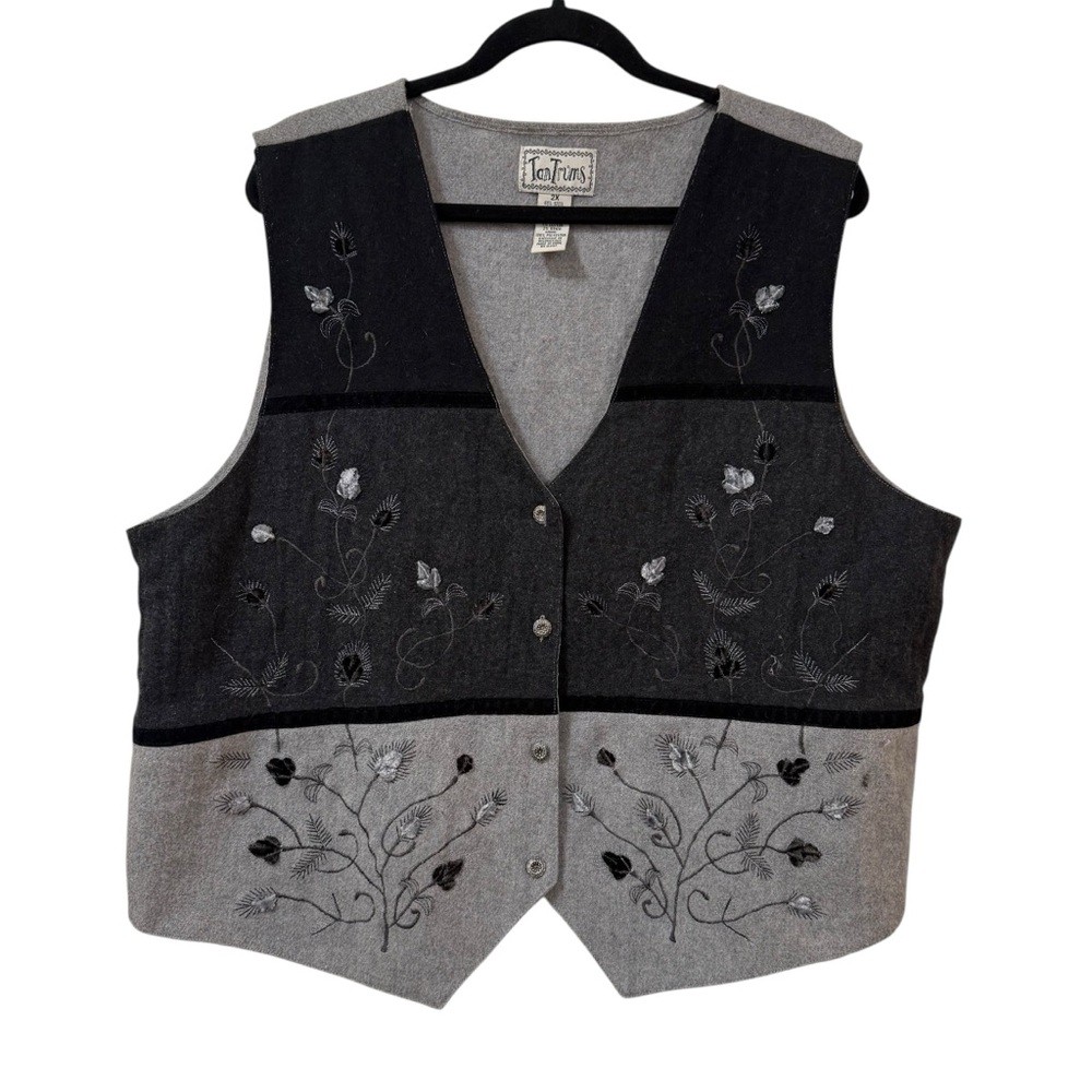 Tantrums embroidered wool blend vest women’s 2X gray black floral vintage